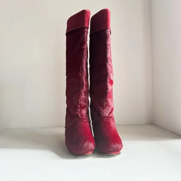 Irregular Choice Cow Skin Burgundy OXBlood Knee High Unique Heel Boots 38