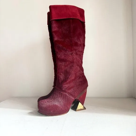 Irregular Choice Cow Skin Burgundy OXBlood Knee High Unique Heel Boots 38