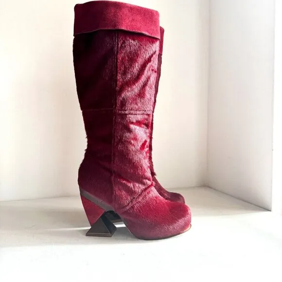Irregular Choice Cow Skin Burgundy OXBlood Knee High Unique Heel Boots 38