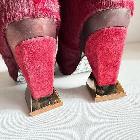 Irregular Choice Cow Skin Burgundy OXBlood Knee High Unique Heel Boots 38