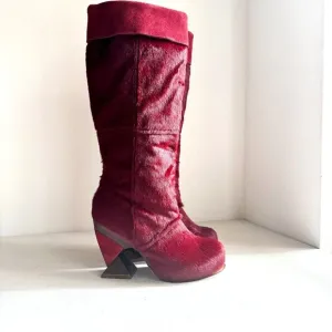 Irregular Choice Cow Skin Burgundy OXBlood Knee High Unique Heel Boots 38