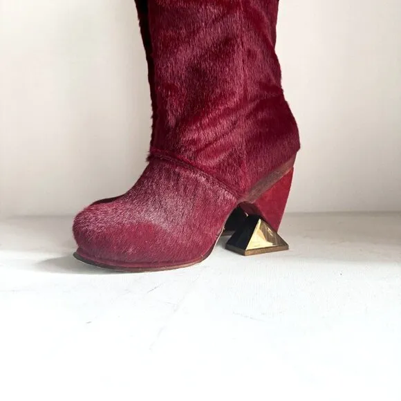 Irregular Choice Cow Skin Burgundy OXBlood Knee High Unique Heel Boots 38