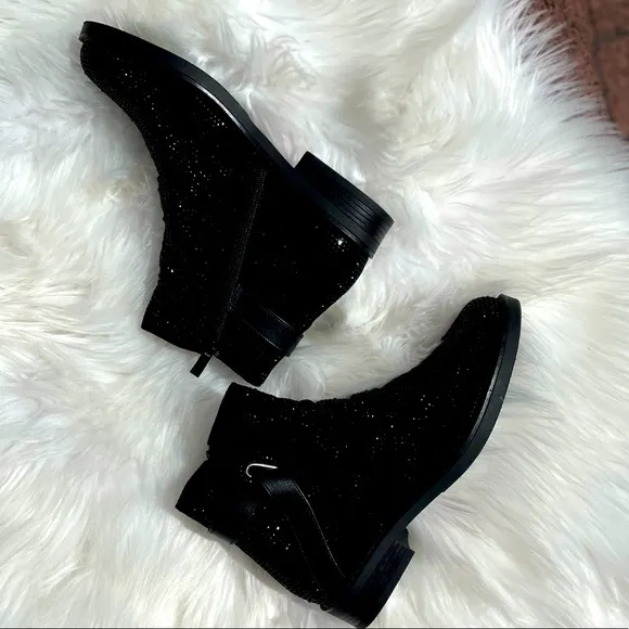 Italina Black Metallic Glitter Rhinestone Low Heel Comfy Slip-On Ankle Booties