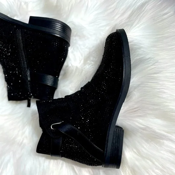 Italina Black Metallic Glitter Rhinestone Low Heel Comfy Slip-On Ankle Booties