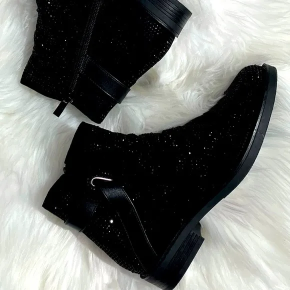 Italina Black Metallic Glitter Rhinestone Low Heel Comfy Slip-On Ankle Booties