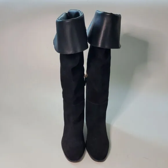 J Crew Over The Knee High Riding Boots Black Suede Leather Cuff
