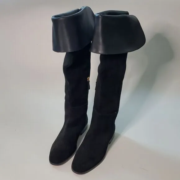 J Crew Over The Knee High Riding Boots Black Suede Leather Cuff