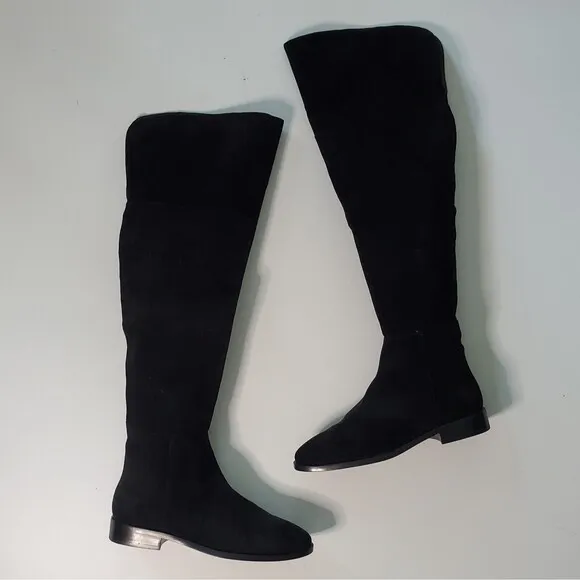 J Crew Over The Knee High Riding Boots Black Suede Leather Cuff