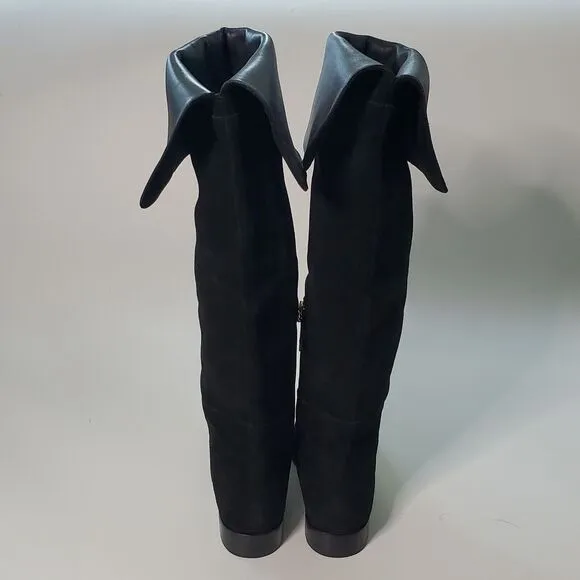 J Crew Over The Knee High Riding Boots Black Suede Leather Cuff