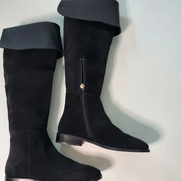 J Crew Over The Knee High Riding Boots Black Suede Leather Cuff