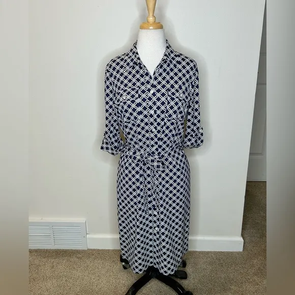 J. McLaughlin Dress Size S Knit shirt Dress Navy White Geometric