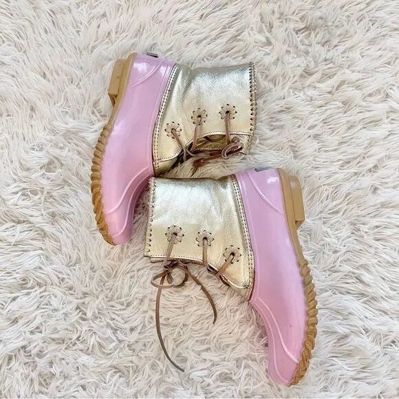 Jack Rogers Women's Chloe Metallic Rain Boot pink gold lace up size 7