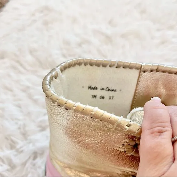 Jack Rogers Women's Chloe Metallic Rain Boot pink gold lace up size 7