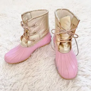Jack Rogers Women's Chloe Metallic Rain Boot pink gold lace up size 7