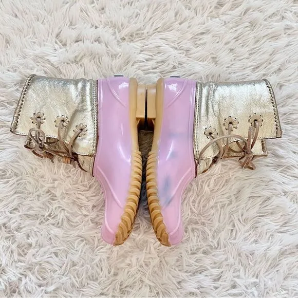 Jack Rogers Women's Chloe Metallic Rain Boot pink gold lace up size 7