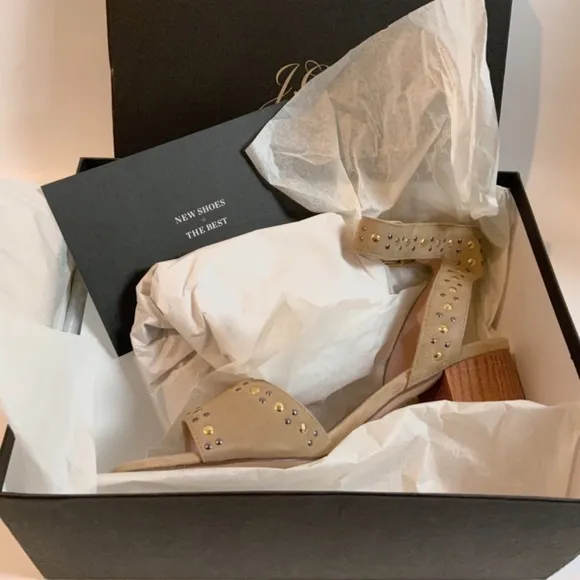 JCREW Penny Studded Suede Sandal Tan Nude Leather Ankle Strap Block Heels Pumps