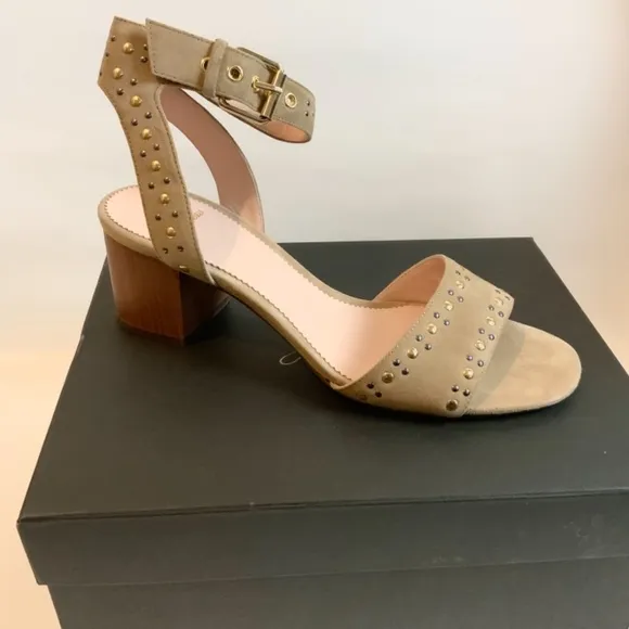 JCREW Penny Studded Suede Sandal Tan Nude Leather Ankle Strap Block Heels Pumps