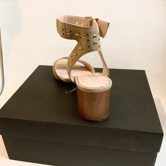 JCREW Penny Studded Suede Sandal Tan Nude Leather Ankle Strap Block Heels Pumps