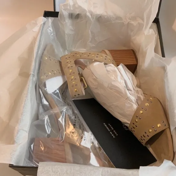 JCREW Penny Studded Suede Sandal Tan Nude Leather Ankle Strap Block Heels Pumps