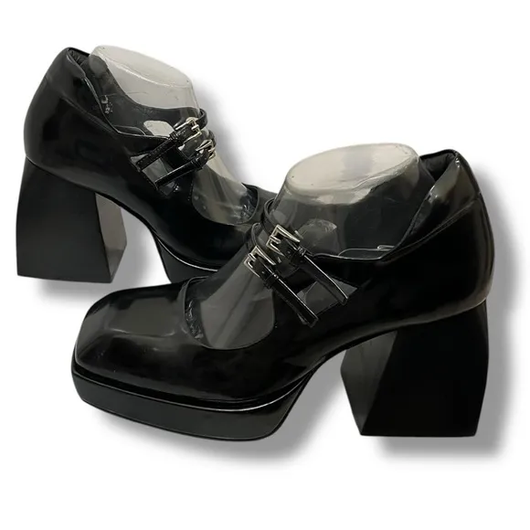 Jeffrey Campbell Black Leather Double Strap Mary Jane Platform Shoes Size 9