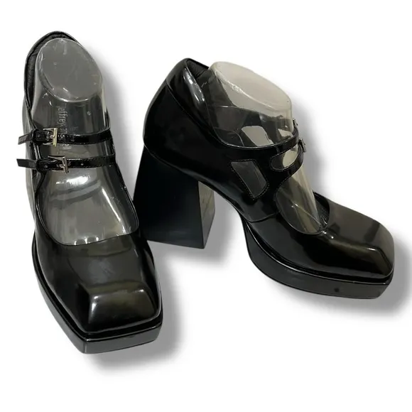 Jeffrey Campbell Black Leather Double Strap Mary Jane Platform Shoes Size 9