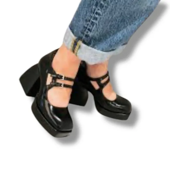 Jeffrey Campbell Black Leather Double Strap Mary Jane Platform Shoes Size 9