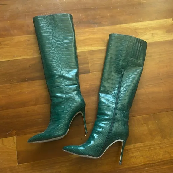 Jeffrey Campbell Green Knee High Heeled Crocodile Boots