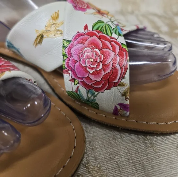 Johnny Was Andra Cross Leather Floral Print Slip On Flat Sandals Sz 8.5