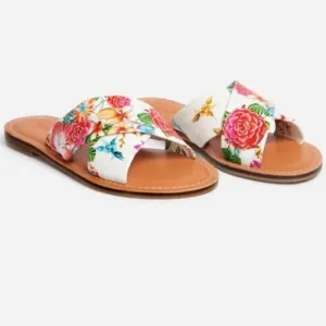 Johnny Was Andra Cross Leather Floral Print Slip On Flat Sandals Sz 8.5