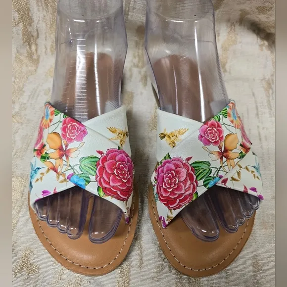 Johnny Was Andra Cross Leather Floral Print Slip On Flat Sandals Sz 8.5