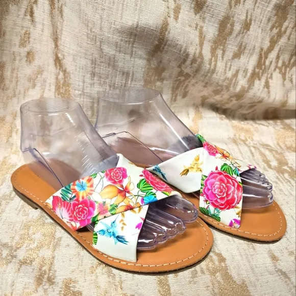 Johnny Was Andra Cross Leather Floral Print Slip On Flat Sandals Sz 8.5