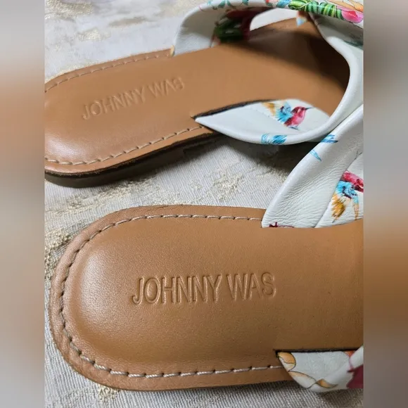 Johnny Was Andra Cross Leather Floral Print Slip On Flat Sandals Sz 8.5
