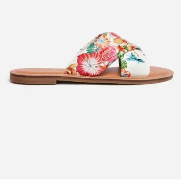 Johnny Was Andra Cross Leather Floral Print Slip On Flat Sandals Sz 8.5