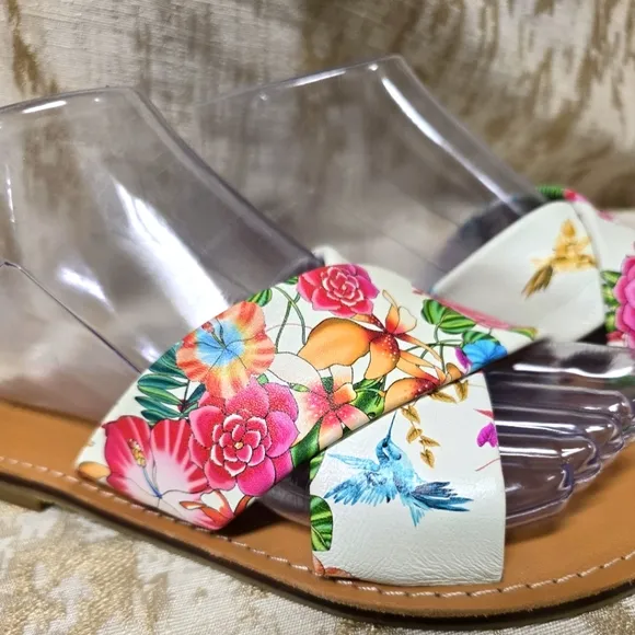 Johnny Was Andra Cross Leather Floral Print Slip On Flat Sandals Sz 8.5