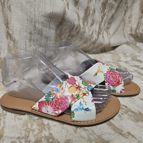 Johnny Was Andra Cross Leather Floral Print Slip On Flat Sandals Sz 8.5