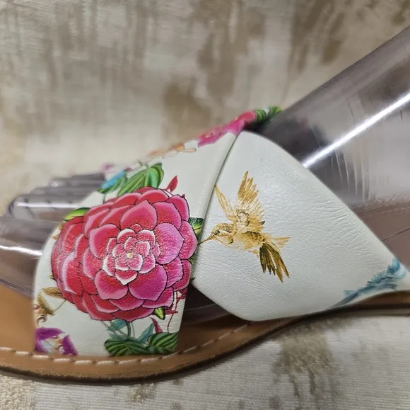 Johnny Was Andra Cross Leather Floral Print Slip On Flat Sandals Sz 8.5