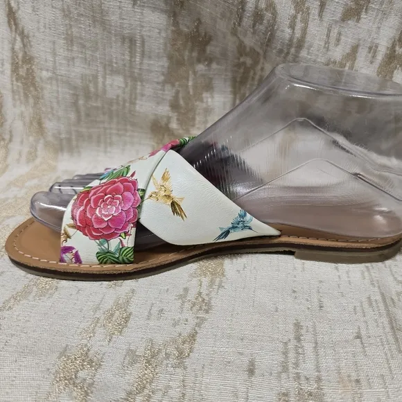 Johnny Was Andra Cross Leather Floral Print Slip On Flat Sandals Sz 8.5