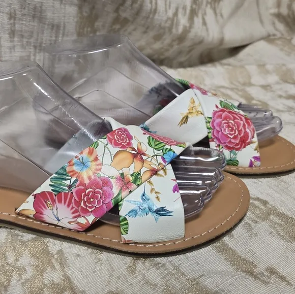 Johnny Was Andra Cross Leather Floral Print Slip On Flat Sandals Sz 8.5