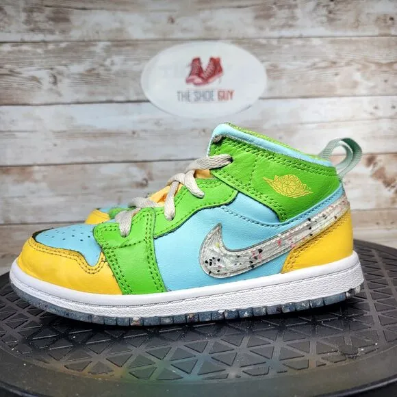 Jordan 1 Mid Kids Size 10C SE Glacier Ice/White-Citron Pulse Athletic Shoes
