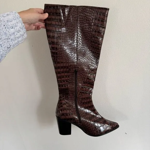 Journee Collection Brown Faux Croc Wide Width Knee High Heeled Boots