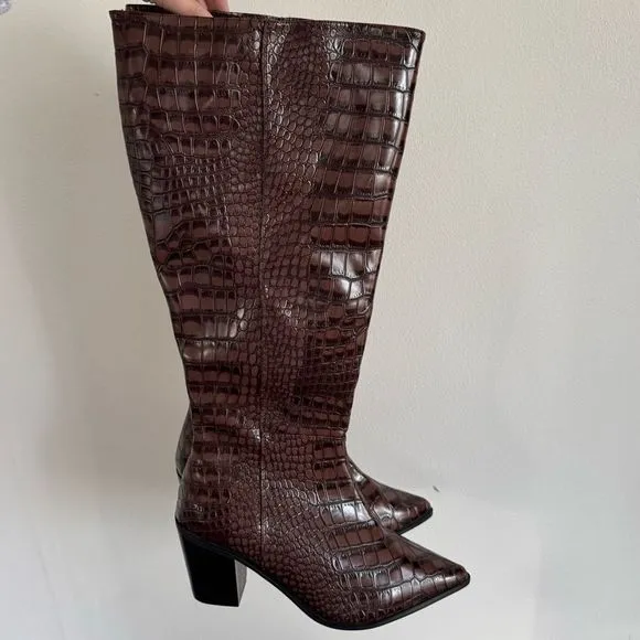 Journee Collection Brown Faux Croc Wide Width Knee High Heeled Boots