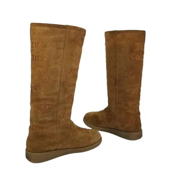 Juicy Couture Angel Logo Knee High Suede Boots in Tobacco Tan Womens Size 7 7.5