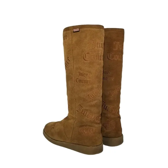 Juicy Couture Angel Logo Knee High Suede Boots in Tobacco Tan Womens Size 7 7.5