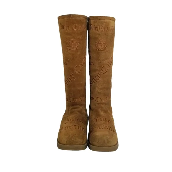 Juicy Couture Angel Logo Knee High Suede Boots in Tobacco Tan Womens Size 7 7.5