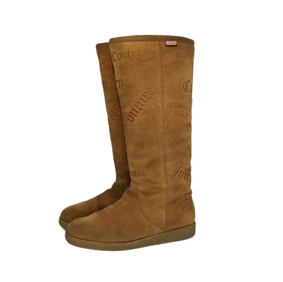 Juicy Couture Angel Logo Knee High Suede Boots in Tobacco Tan Womens Size 7 7.5