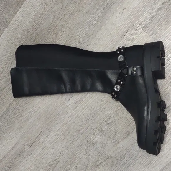 Karl Lagerfeld Milla Black Knee High Rhinestone Equestrian Buckle New Lug Boots