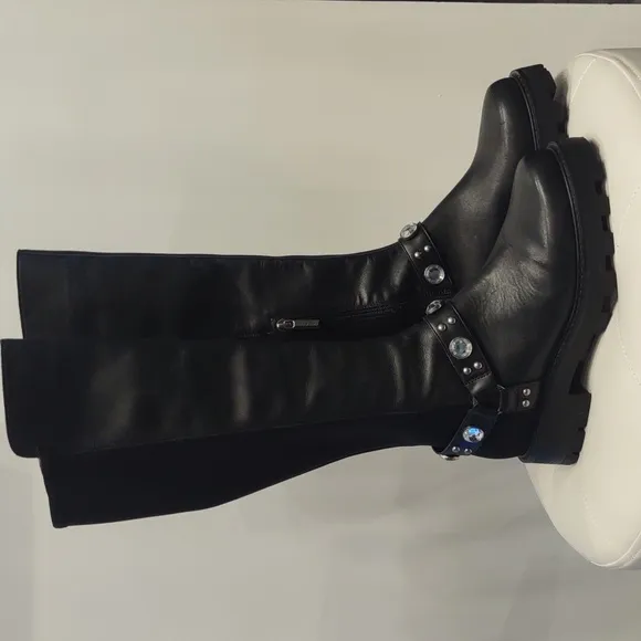 Karl Lagerfeld Milla Black Knee High Rhinestone Equestrian Buckle New Lug Boots