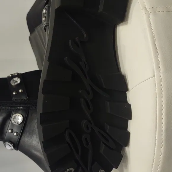Karl Lagerfeld Milla Black Knee High Rhinestone Equestrian Buckle New Lug Boots