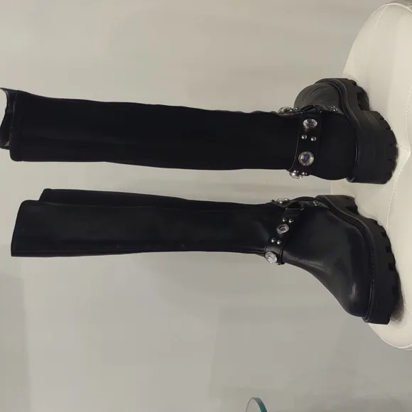 Karl Lagerfeld Milla Black Knee High Rhinestone Equestrian Buckle New Lug Boots