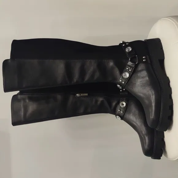 Karl Lagerfeld Milla Black Knee High Rhinestone Equestrian Buckle New Lug Boots
